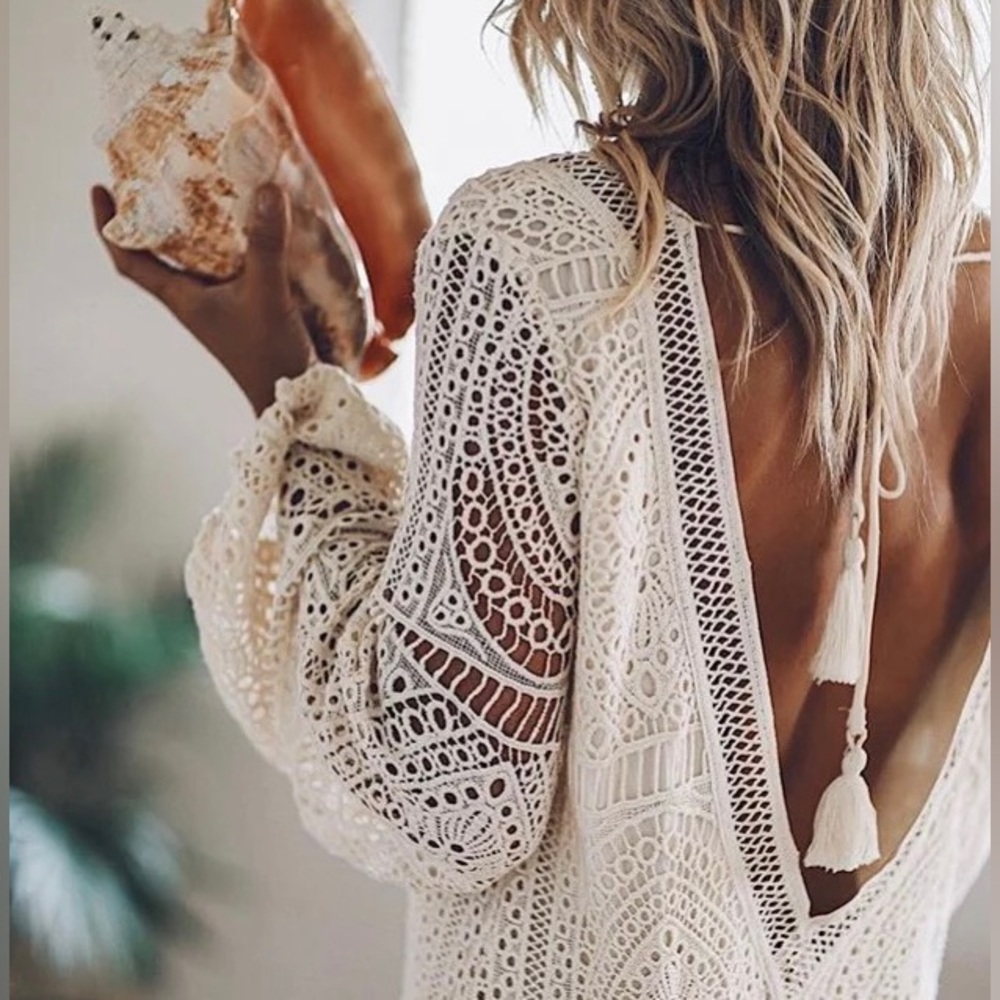 White Crochet Dress V Neck Tie Back, NWT